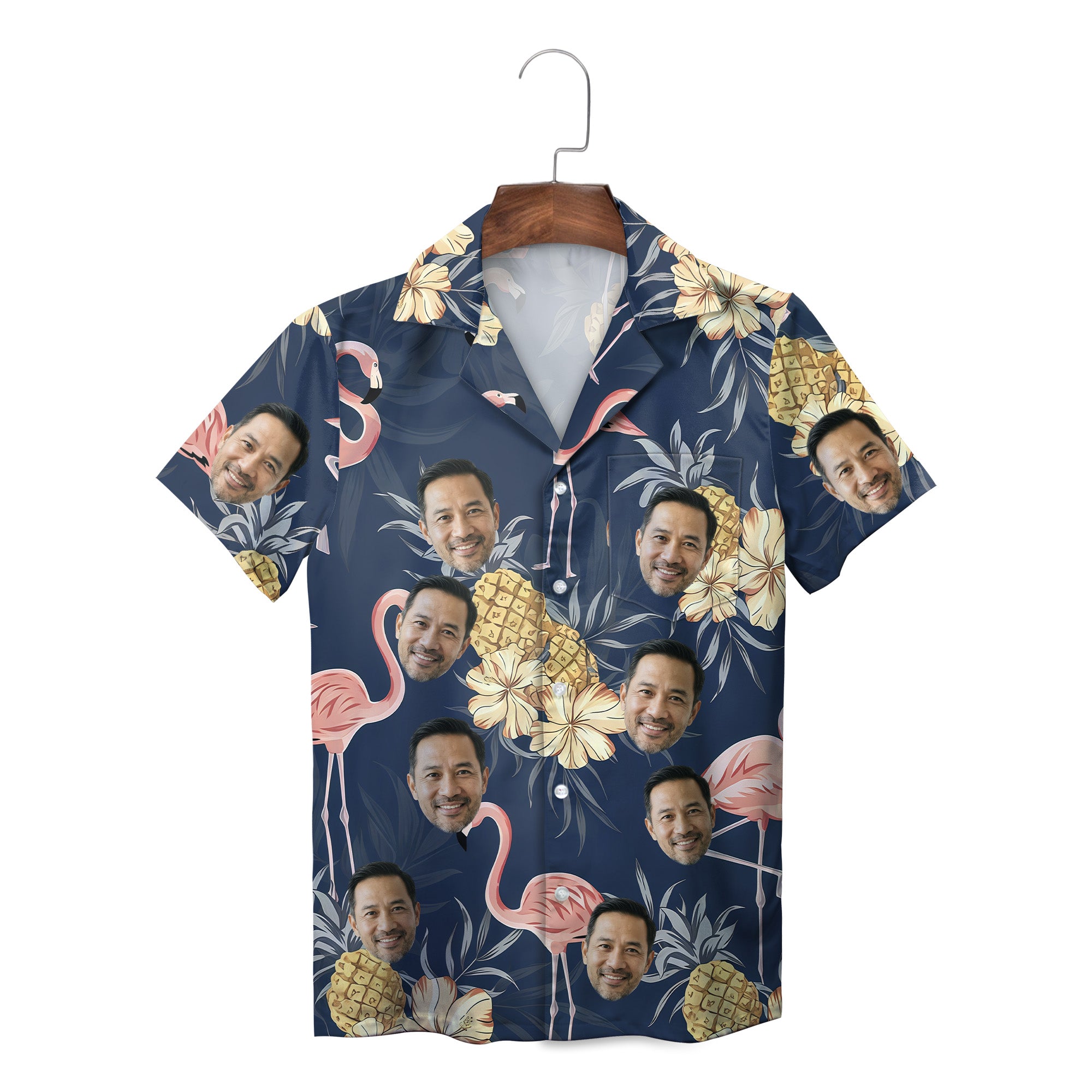 Navy Hawaiian shirt with custom face flamingos pineapples