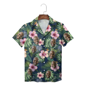 Navy Hawaiian shirt with pink hibiscus and custom face print