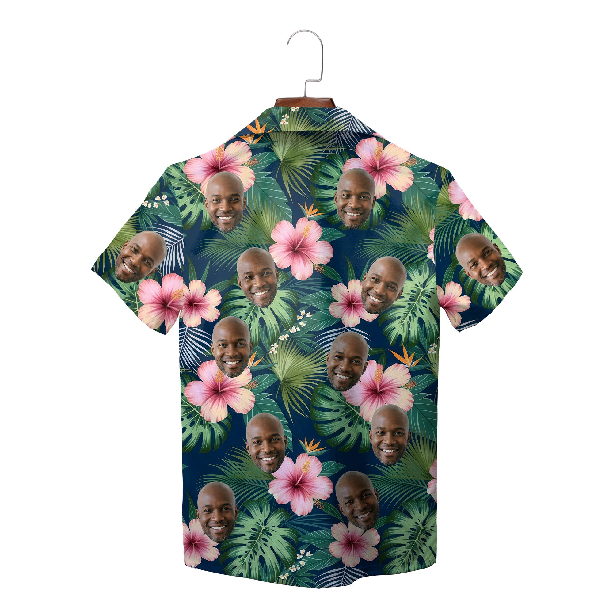 Navy Hawaiian shirt with pink hibiscus and custom face print variant 2