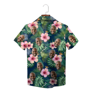 Navy Hawaiian shirt with pink hibiscus and custom face print variant 2