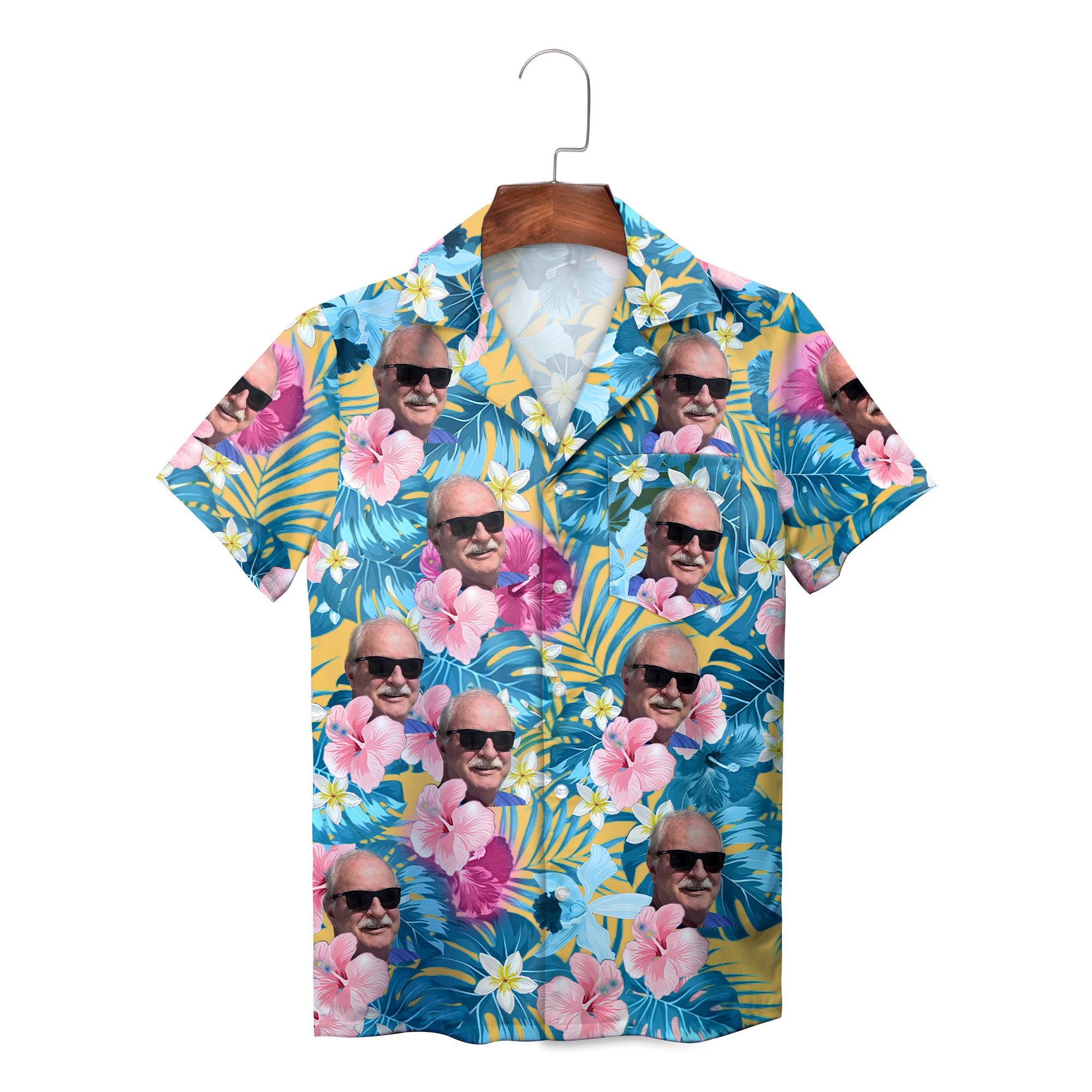 Tropical Hawaiian shirt with repeated face photo hibiscus print