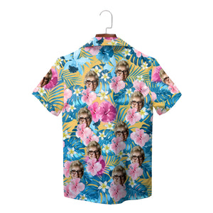 Tropical Hawaiian shirt with repeated face photo hibiscus print variant 6