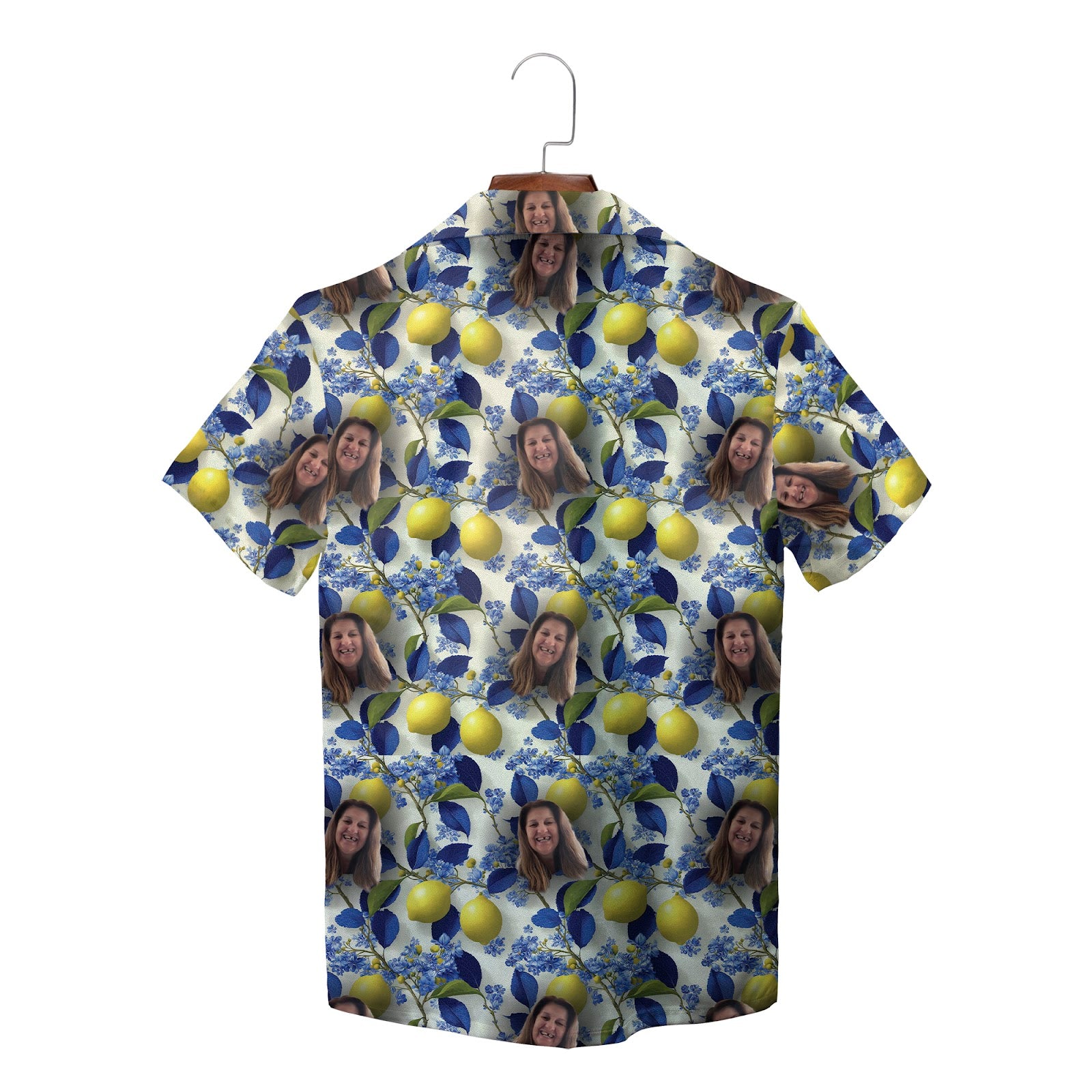 Lemon navy leaf pattern Hawaiian shirt with custom face photo variant 2