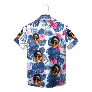 Aloha shirt showing blue palm fronds pink blooms custom faces variant 2