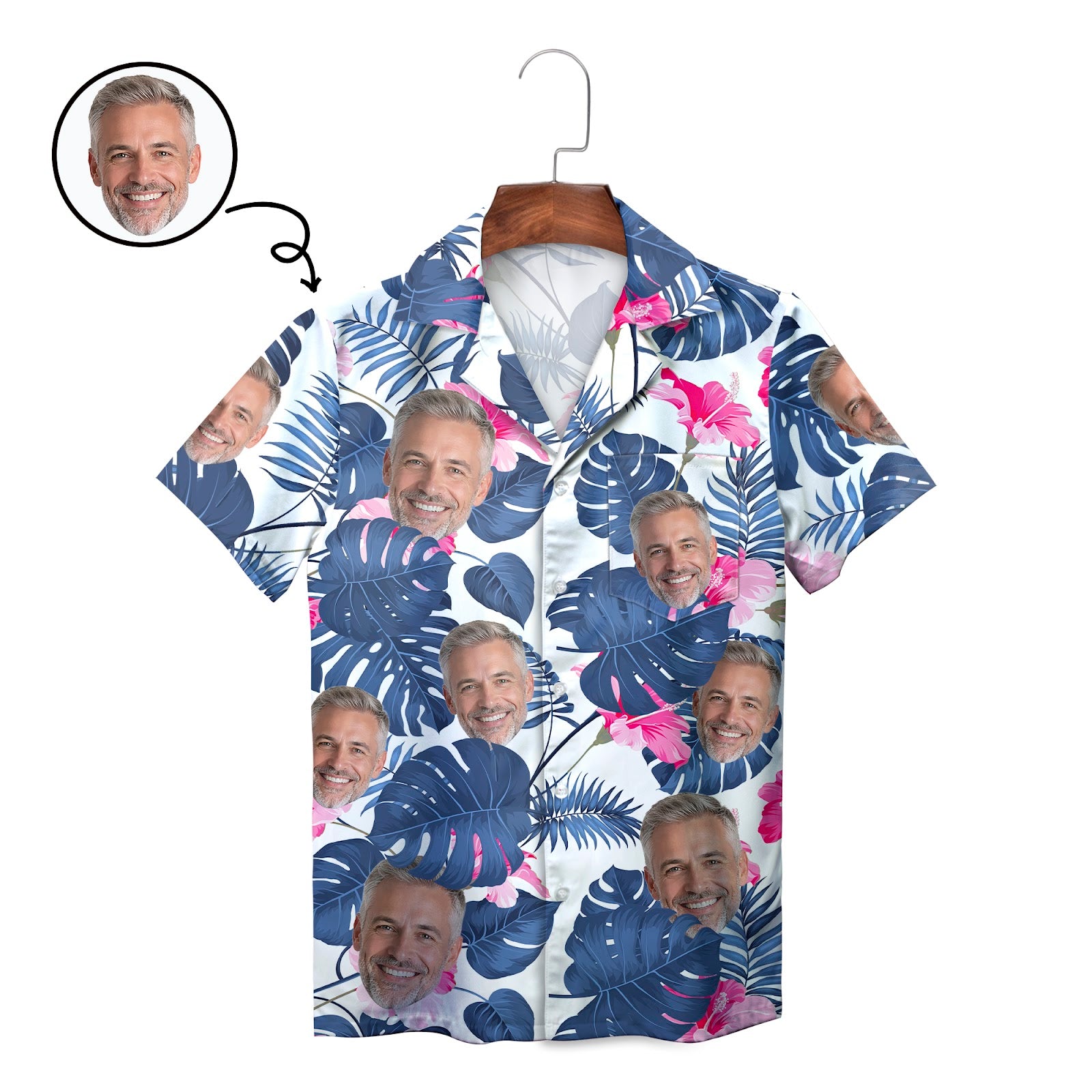 Custom face Hawaiian shirt navy monstera pink hibiscus print