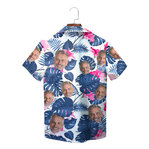 Custom face Hawaiian shirt navy monstera pink hibiscus print variant 3
