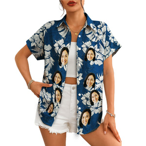 Navy hibiscus palm leaf Hawaiian shirt with custom face print variant 4