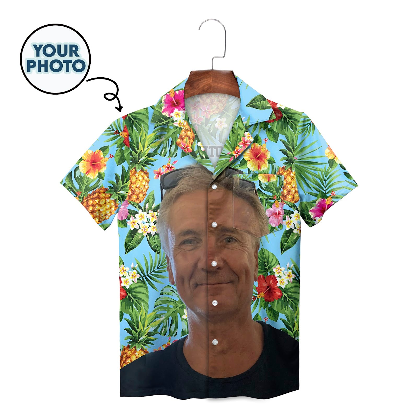Blue tropical Hawaiian shirt with face photo pineapple floral