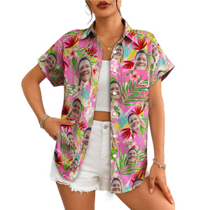Pink tropical face photo repeat pattern button up shirt variant 4