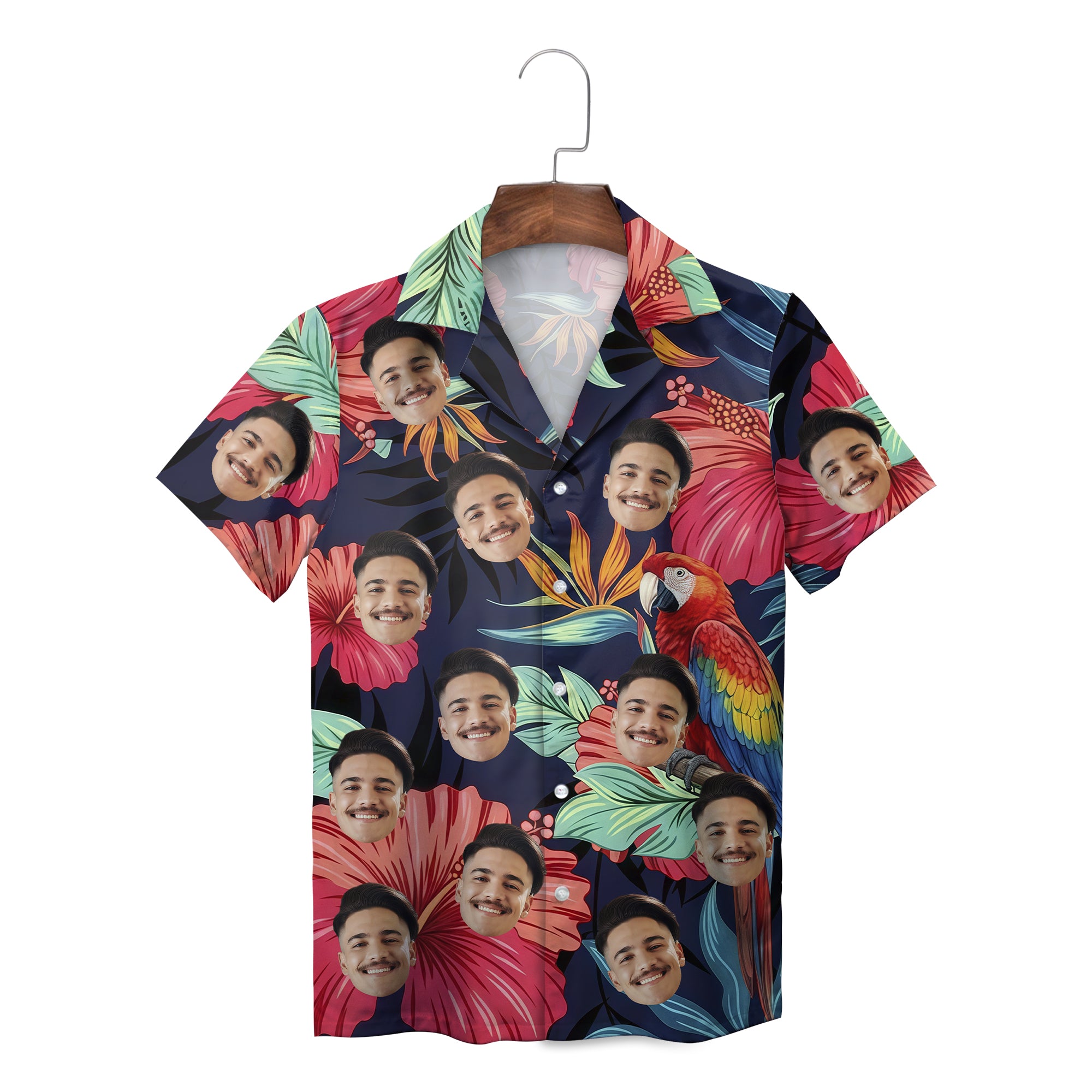 Navy tropical Hawaiian shirt with custom faces and macaw