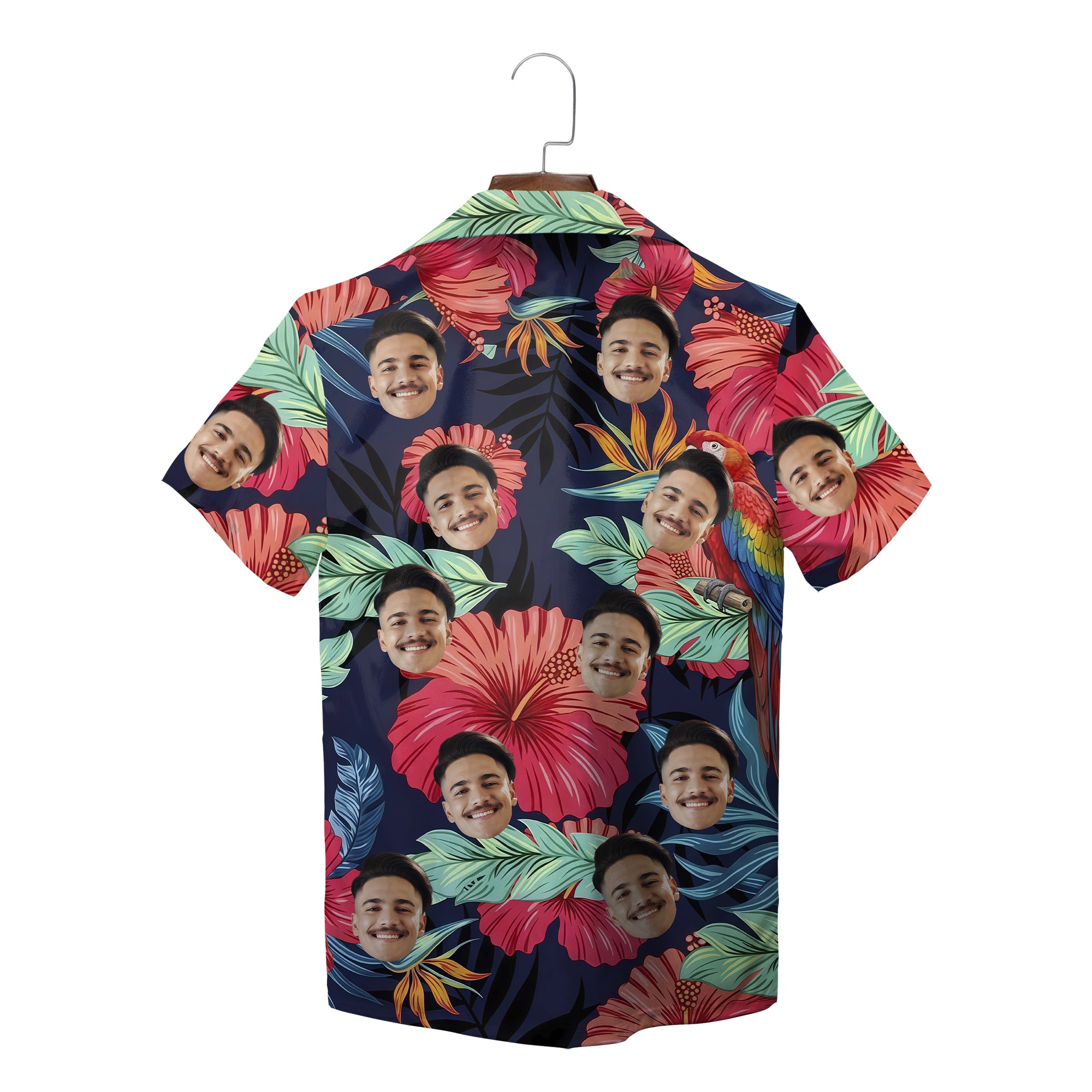 Navy tropical Hawaiian shirt with custom faces and macaw variant 2
