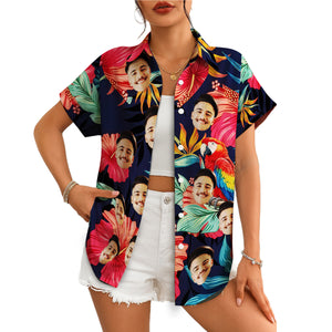 Navy tropical Hawaiian shirt with custom faces and macaw variant 4
