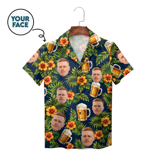 Custom Face Tropical Hibiscus Beer Mug Navy Hawaiian Shirt