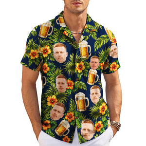 Navy aloha shirt showing custom faces beer mugs orange blooms variant 3