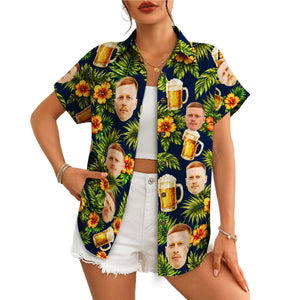 Navy aloha shirt showing custom faces beer mugs orange blooms variant 4