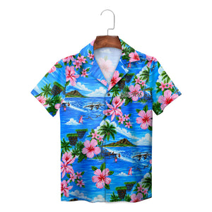 Blue island scene shirt with pink blooms custom faces variant 5