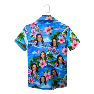 Blue island scene shirt with pink blooms custom faces variant 8