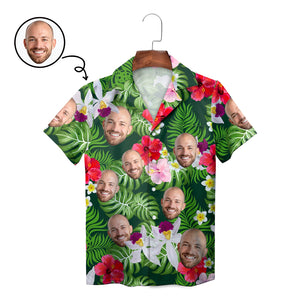 Green Hawaiian shirt with custom face cutouts among hibiscus