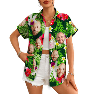 Green Hawaiian shirt with custom face cutouts among hibiscus variant 5