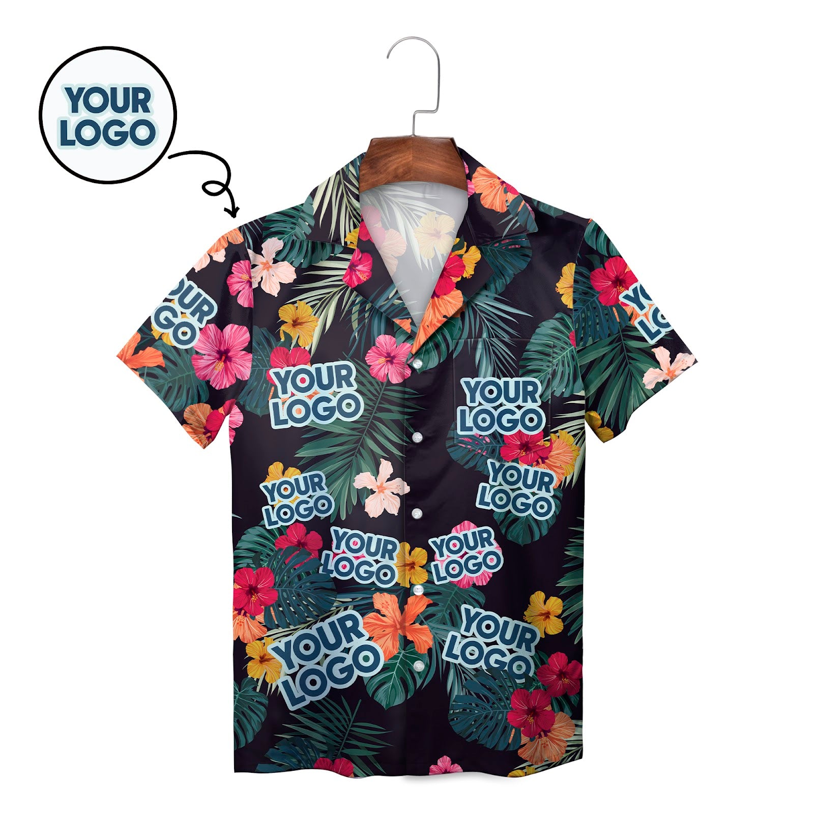 Navy Hawaiian shirt with custom face cutouts hibiscus palms variant 2