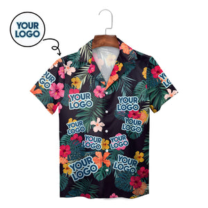 Navy Hawaiian shirt with custom face cutouts hibiscus palms variant 2