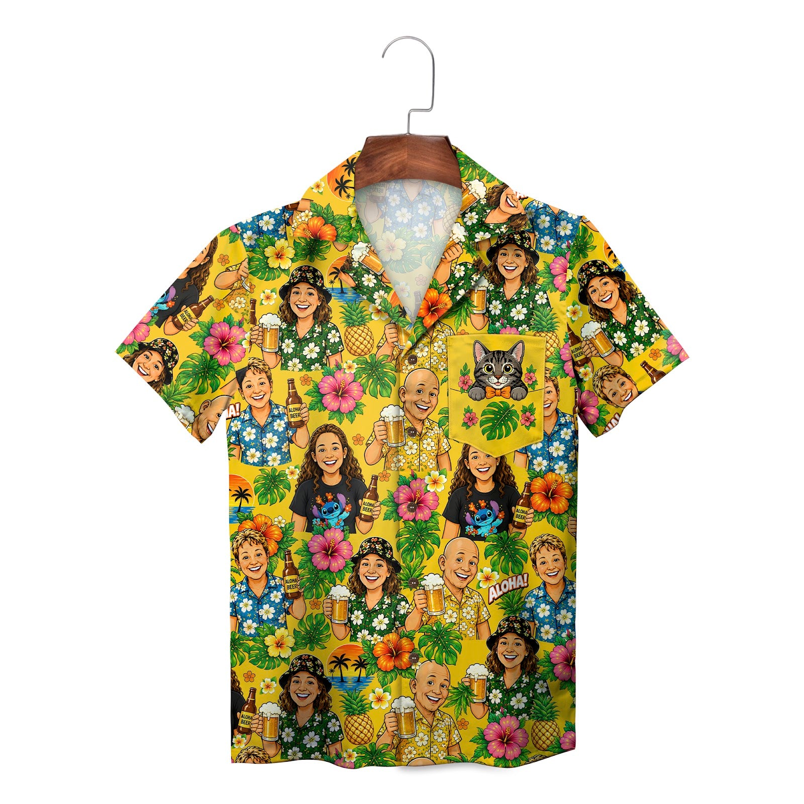 Yellow floral shirt showing family faces cat pocket beer mugs
