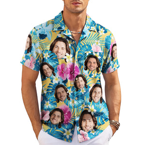 Floral face print aloha shirt with pink hibiscus blue leaves variant 4