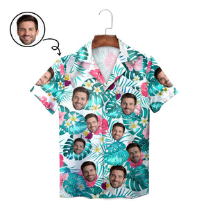 White Hawaiian shirt with face cutouts monstera pink flowers