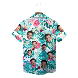 White Hawaiian shirt with face cutouts monstera pink flowers variant 3