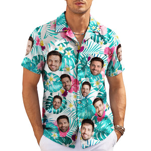 White Hawaiian shirt with face cutouts monstera pink flowers variant 4
