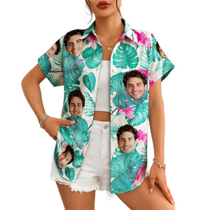 Custom face Hawaiian shirt monstera leaves pink hibiscus print variant 5