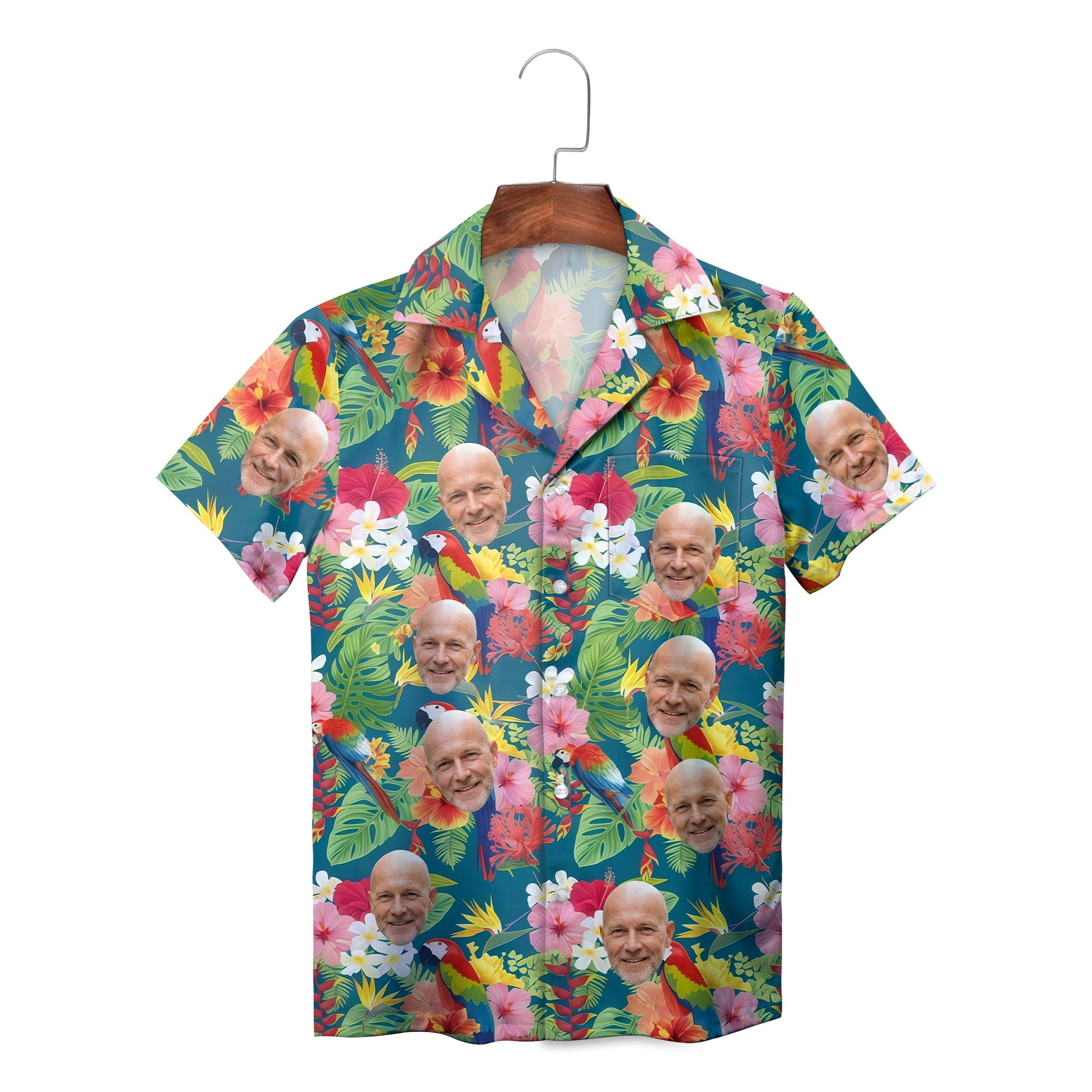 Teal Hawaiian shirt with custom face cutouts parrots hibiscus