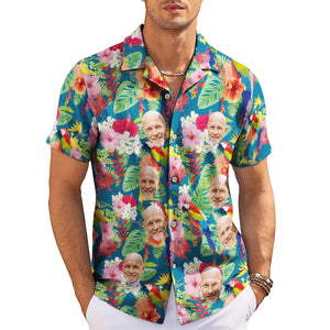 Teal Hawaiian shirt with custom face cutouts parrots hibiscus variant 6