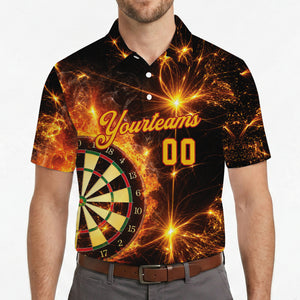 Black polo showing burning dartboard amid glowing sparks variant 4