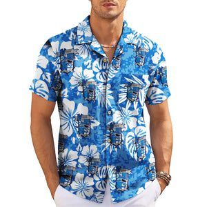 Blue hibiscus camo Hawaiian shirt with repeating custom logo variant 3