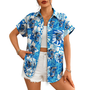 Blue hibiscus camo Hawaiian shirt with repeating custom logo variant 4