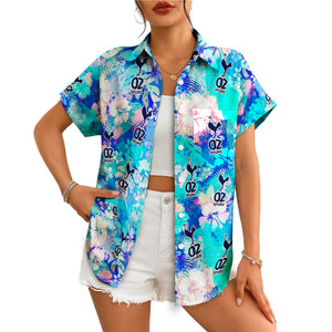 Blue tropical floral Hawaiian shirt with OZ Spurs logo print variant 4