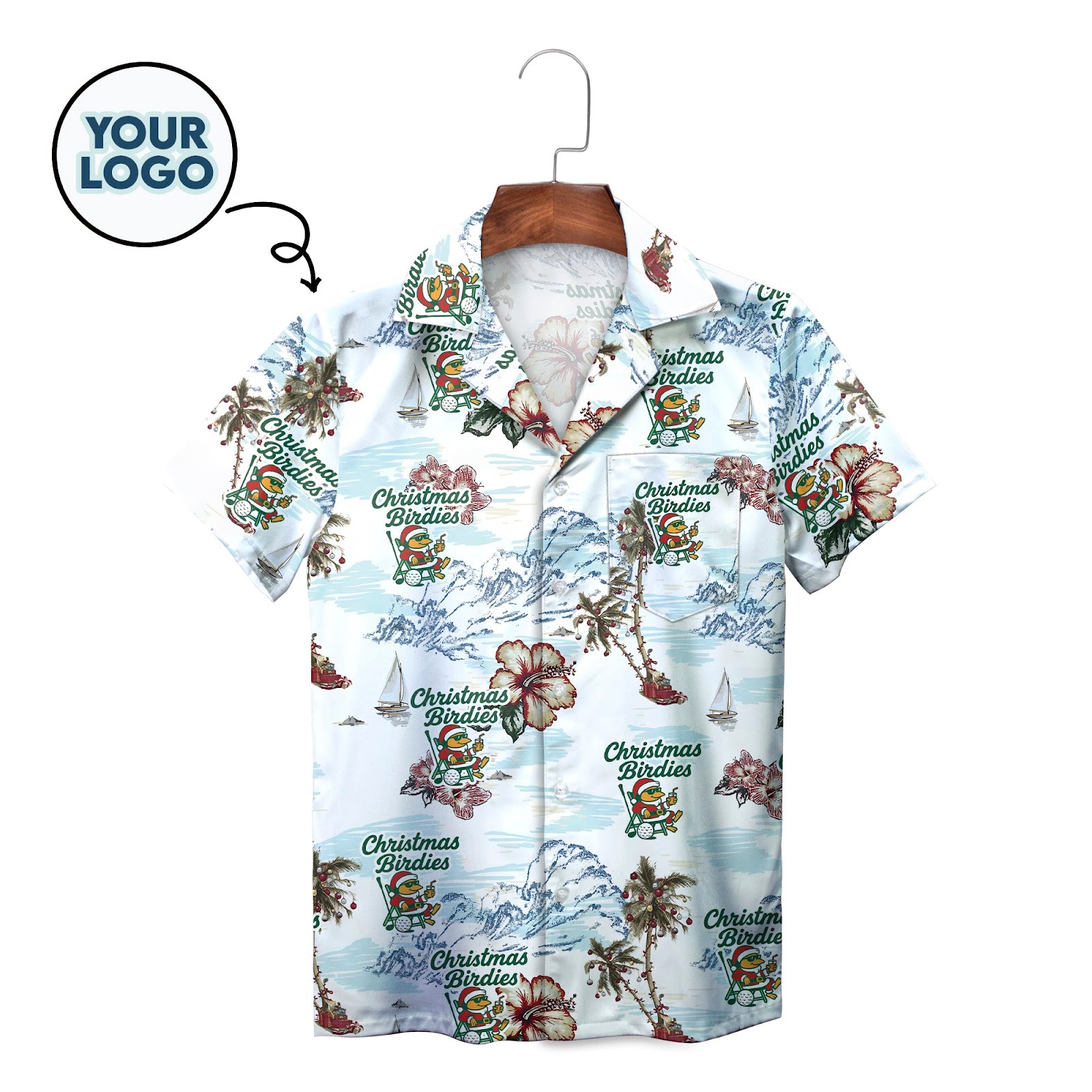 Light blue Hawaiian shirt with Christmas golf bird palm tree print