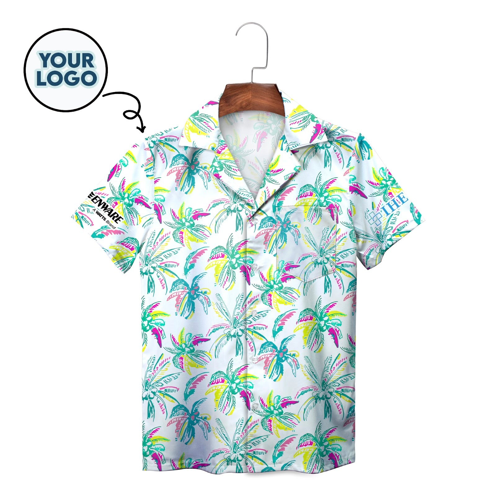 White Hawaiian shirt with colorful sketched palm trees on hanger