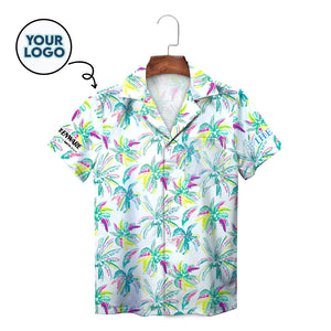 White Hawaiian shirt with colorful sketched palm trees on hanger