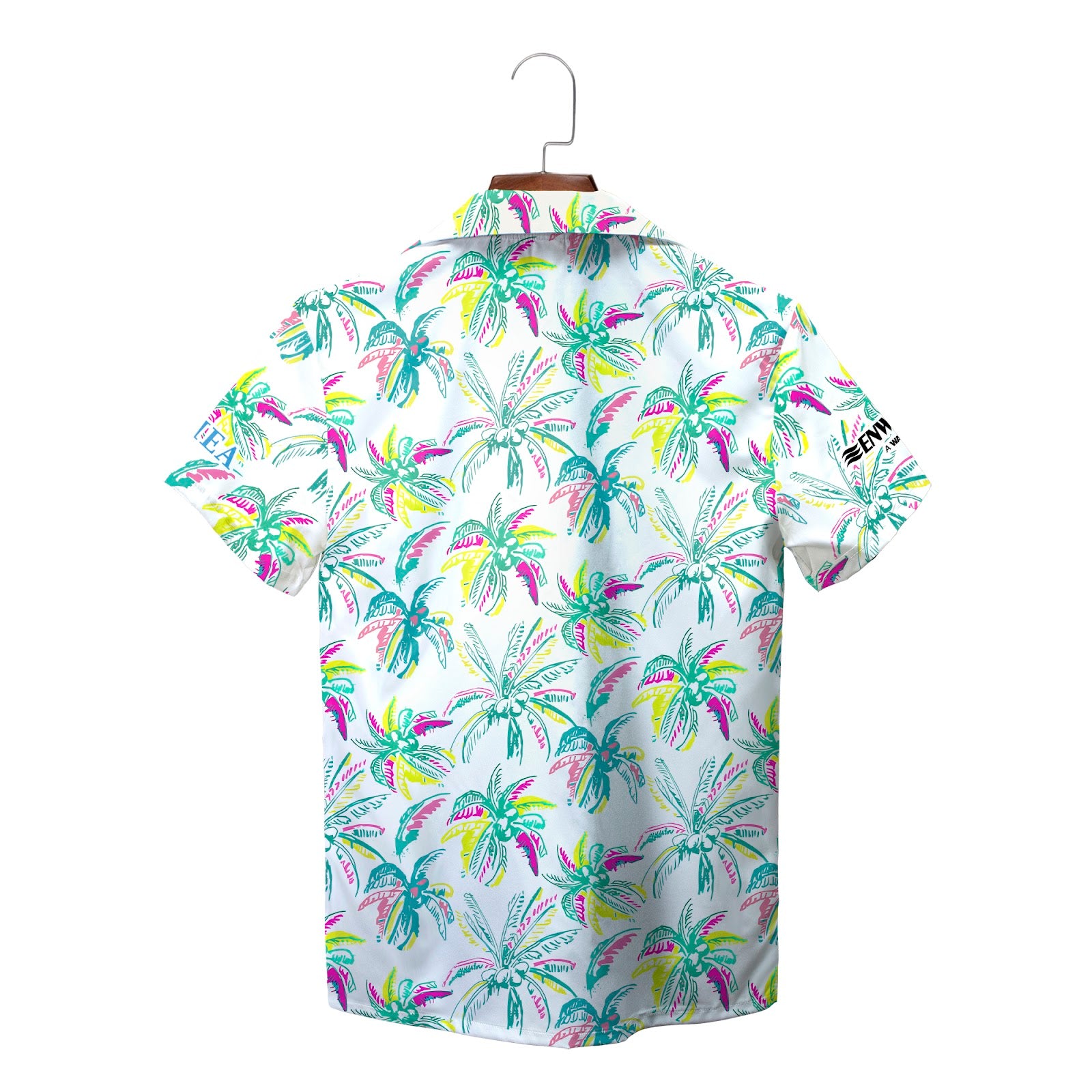 White Hawaiian shirt with colorful sketched palm trees on hanger variant 2