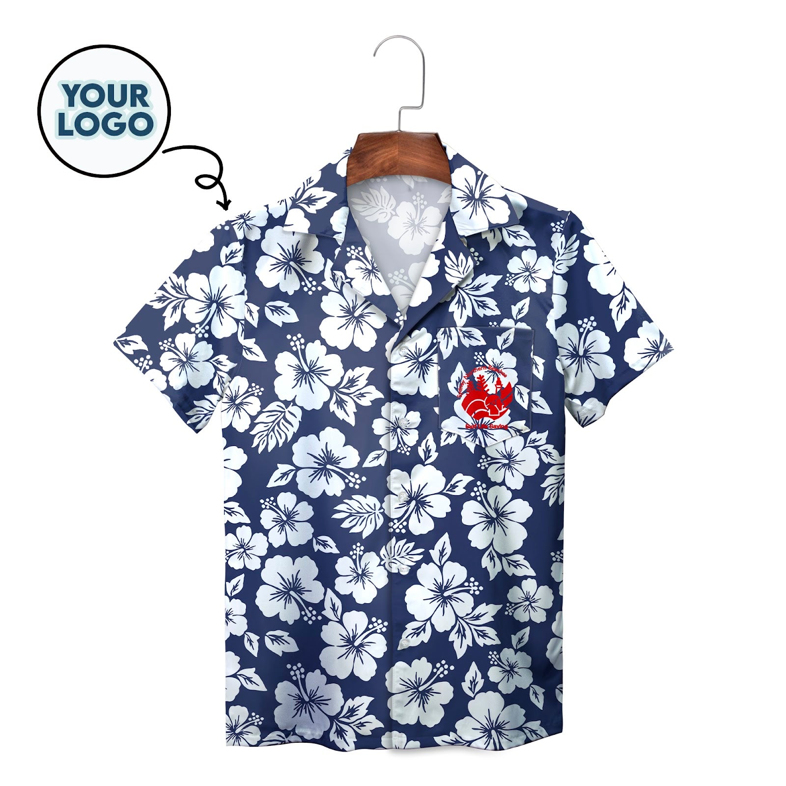 Navy blue hibiscus floral Hawaiian shirt with custom logo