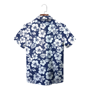 Navy blue hibiscus floral Hawaiian shirt with custom logo variant 2