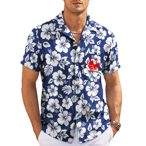 Navy blue hibiscus floral Hawaiian shirt with custom logo variant 3