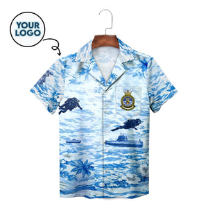 Blue ocean shirt with subs scuba divers palms hibiscus
