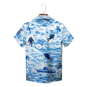 Blue ocean shirt with subs scuba divers palms hibiscus variant 2