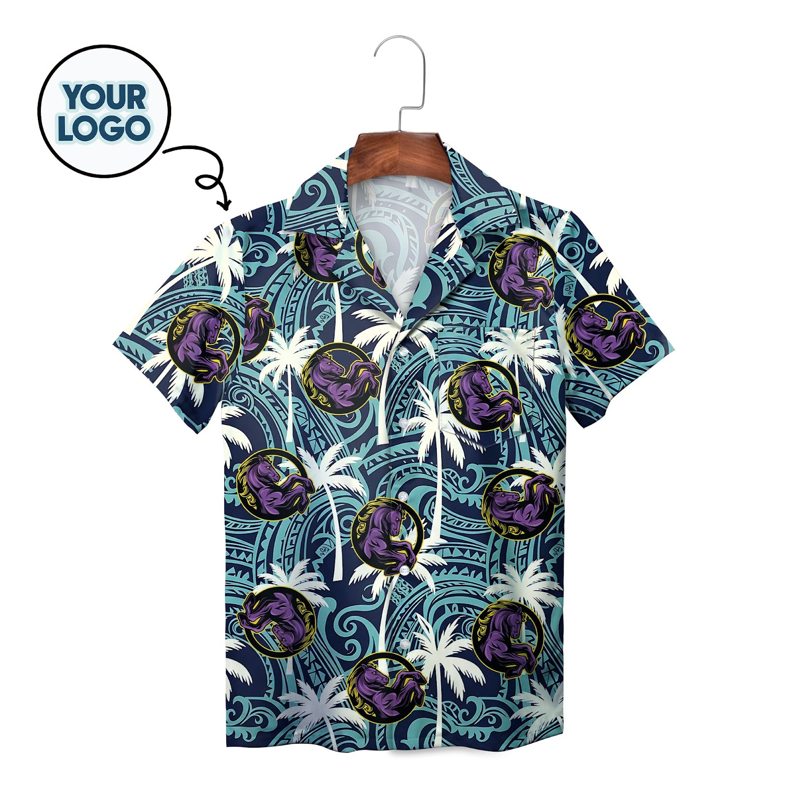 Navy Polynesian tribal palm tree custom logo Hawaiian shirt