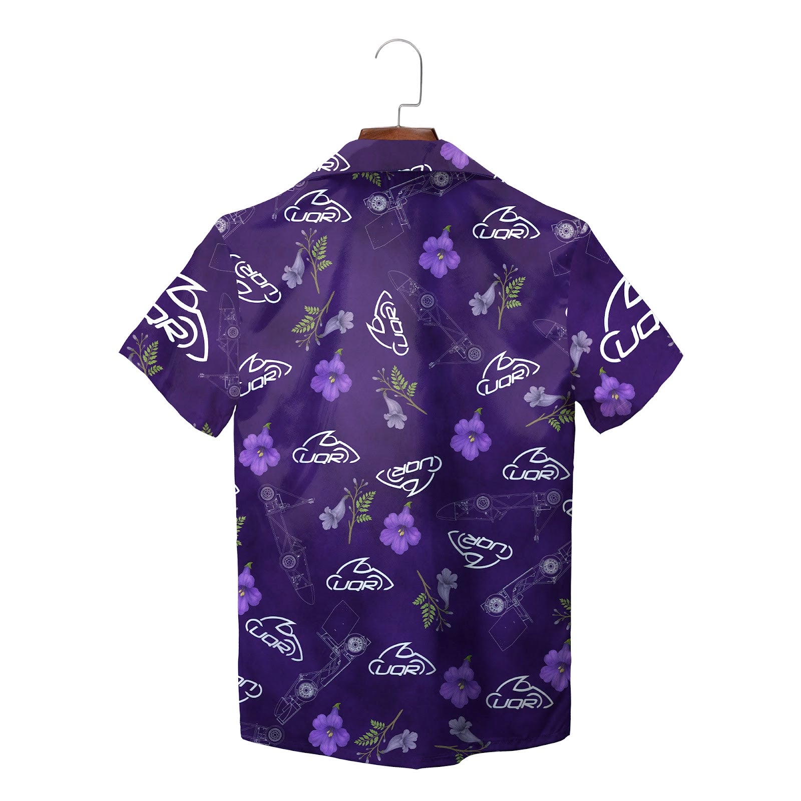 Purple petunia floral Hawaiian shirt with custom UQR logo print variant 2