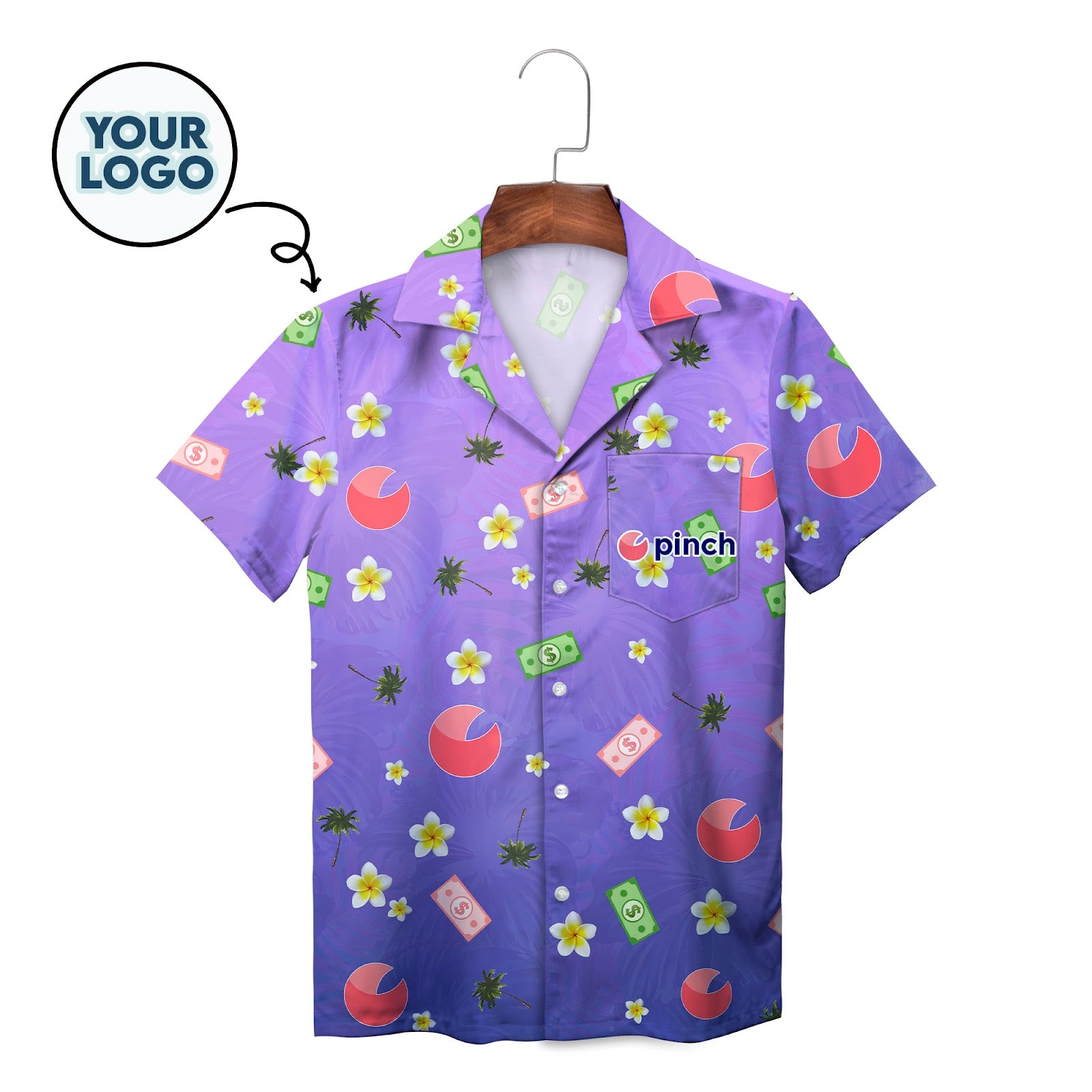 Purple Hawaiian shirt with plumeria flowers dollar bills palm trees and Pinch logo on pocket