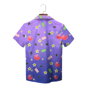 Purple Hawaiian shirt with plumeria flowers dollar bills palm trees and Pinch logo on pocket variant 2